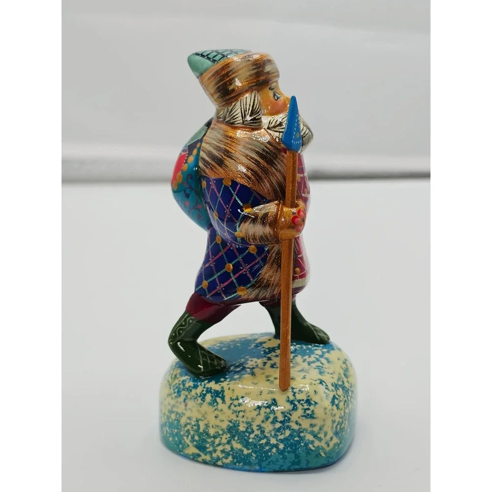 Russian Bogorodskoye Ded Moroz Santa Hand Carved Painted Wood Figurine Signed